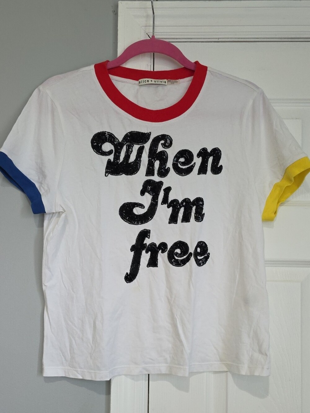Alice + Olivia White Tee with Red Neckline and Blue & Yellow Sleeve Trim